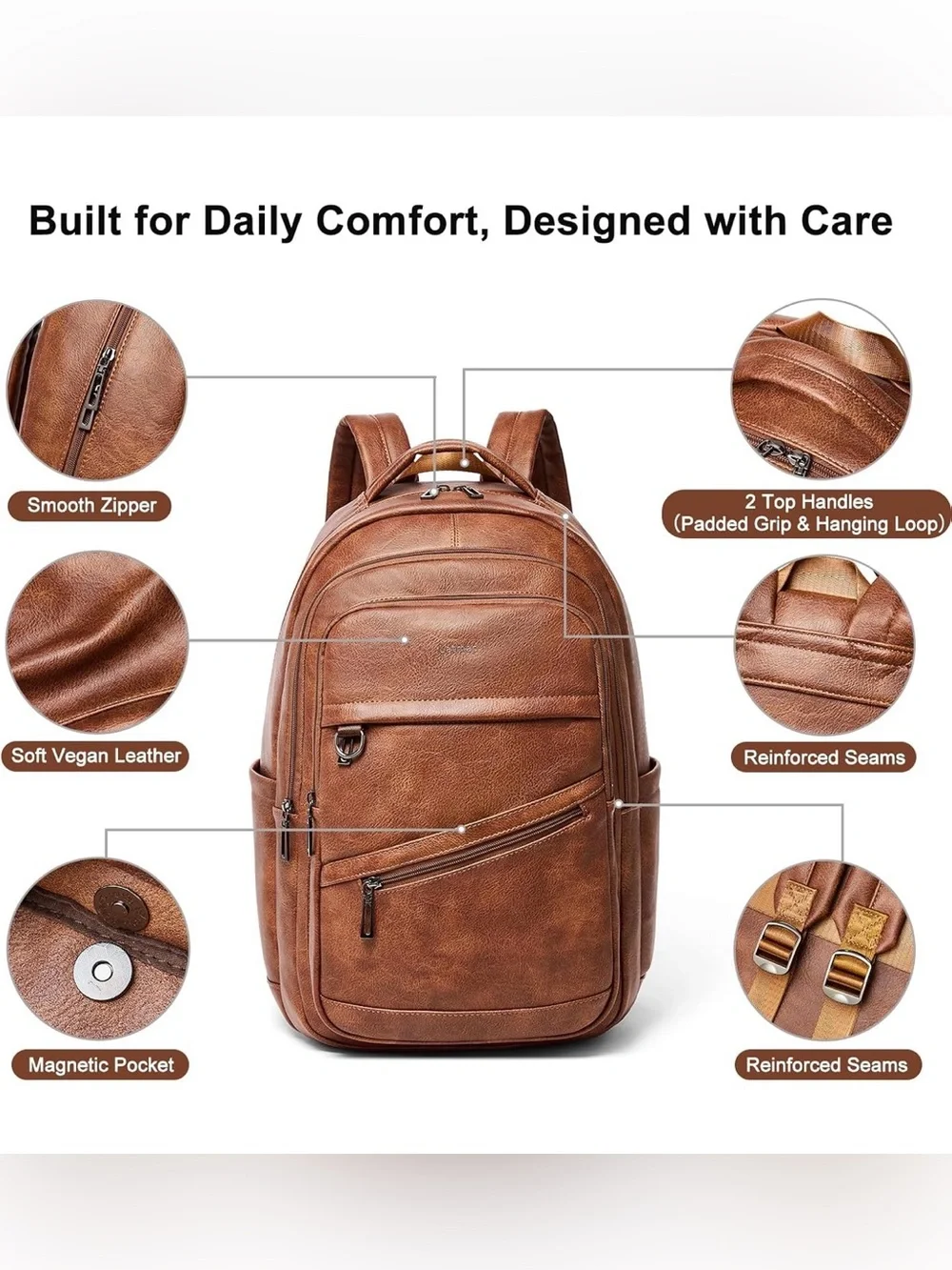 LATMAP Vegan Leather Laptop Backpack 16.5” Travel Carry On College Work Brown